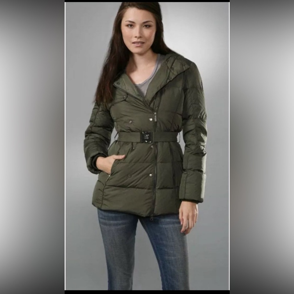 ADD Down olive green belted hooded parka jacket coat